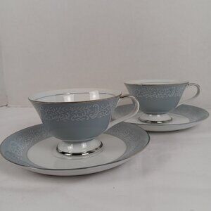 2 Seyei Fine China Japan Teacup & Saucer Grey Silver Trim Contessa 473 EUC